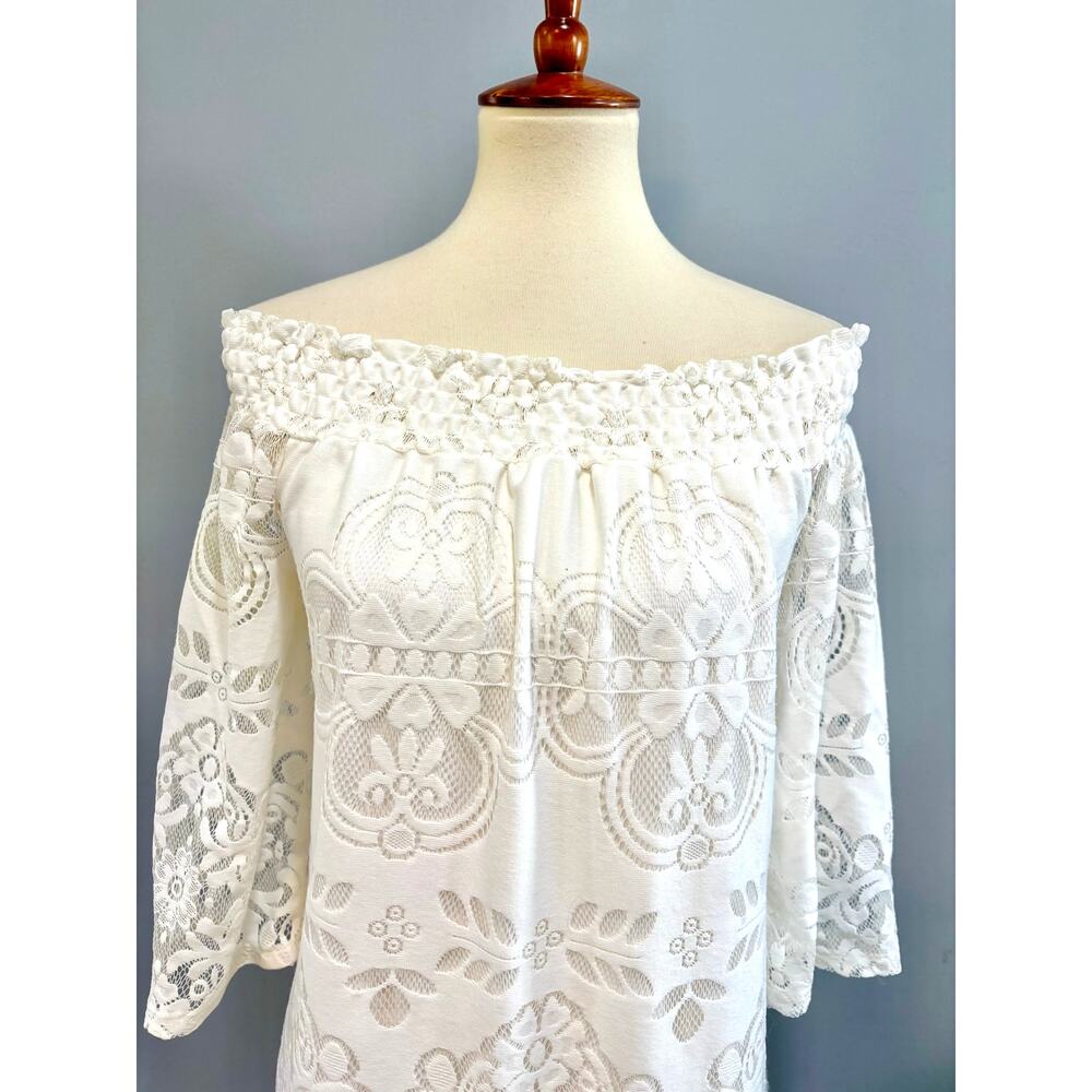 White graduation dress Lace Off Shoulder Eyelet Boho Midi Wedding Shower, Size M